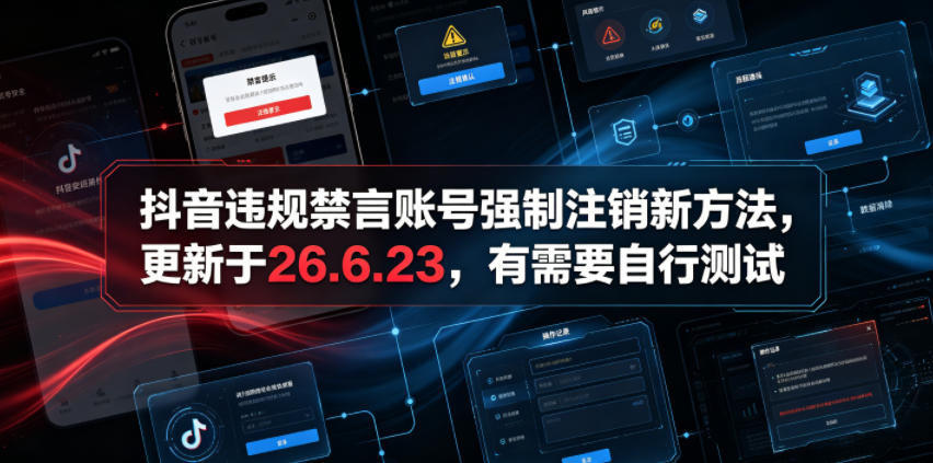 抖音违规禁言账号强制注销新方法，更新于26.6.23，有需要自行测试-巅峰研习社