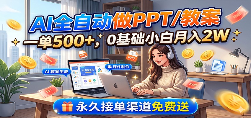 AI全自动做PPT/教案，一单500+，0基础小白月入2W，永久接单渠道免费送-巅峰研习社