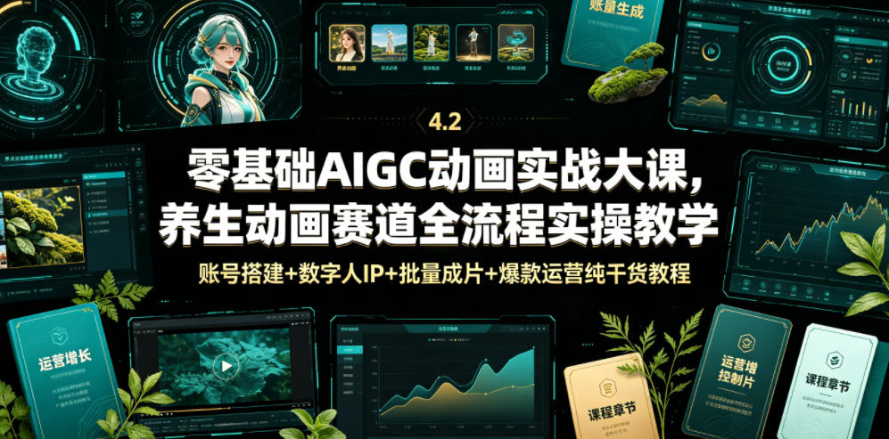 零基础AIGC动画实战大课，养生动画赛道全流程实操教学，账号搭建+数字人IP+批量成片+爆款运营纯干货教程-巅峰研习社