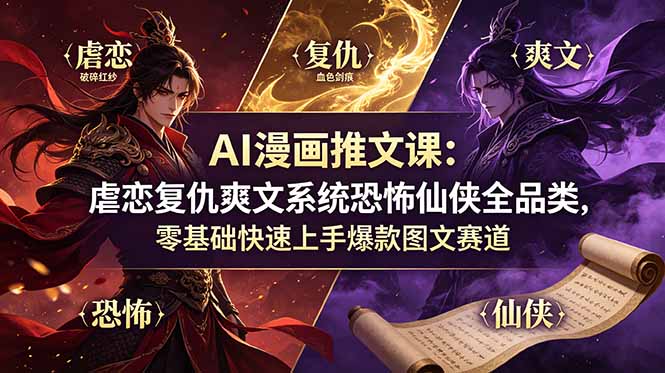 AI漫画推文课：虐恋复仇爽文系统恐怖仙侠全品类，零基础快速上手爆款图文赛道-巅峰研习社