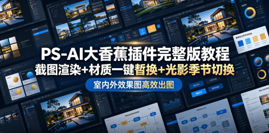 PS-AI大香蕉插件完整版教程，截图渲染+材质一键替换+光影季节切换，室内外效果图高效出图高阶课程-巅峰研习社