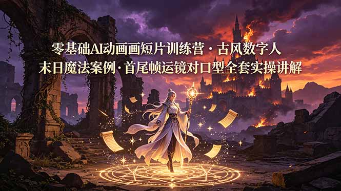 零基础AI动画短片训练营，古风数字人末日魔法案例，首尾帧运镜对口型全套实操讲解-巅峰研习社