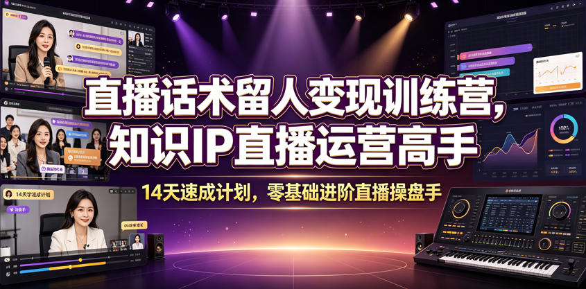 直播话术留人变现训练营，知识IP直播运营高手，14天速成计划，零基础进阶直播操盘手-巅峰研习社