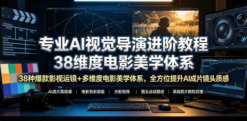 专业AI视觉导演进阶教程，38种爆款影视运镜+多维度电影美学体系，全方位提升AI成片高级感与镜头质感-巅峰研习社