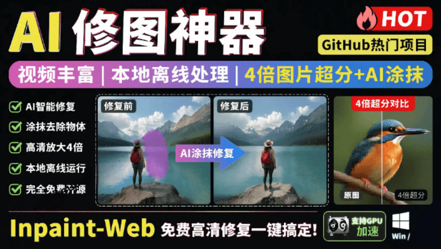本地离线处理，4倍图片超分+AI涂抹去水印！Github上热门神器，免费高清修复图一键搞定！Inpaint-Web-巅峰研习社