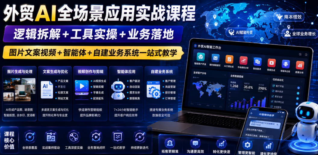 外贸AI全场景应用实战课程｜逻辑拆解+工具实操+业务落地，图片文案视频+智能体+自建业务系统一站式教学-巅峰研习社