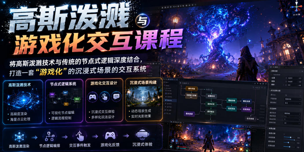 高斯泼溅与游戏化交互课程，将高斯泼溅技术与传统的节点式逻辑深度结合，打造一套“游戏化”的沉浸式场景的交互系统-巅峰研习社