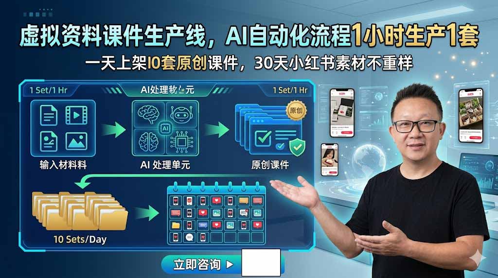 虚拟资料课件生产线，AI自动化流程1小时生产1套，一天上架10套原创课件，30天小红书素材不重样-巅峰研习社