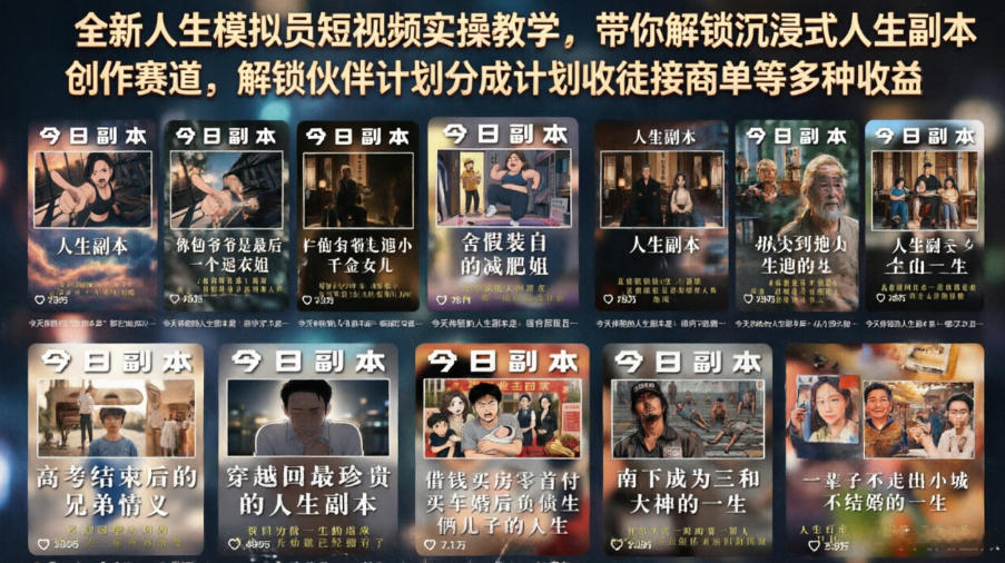 全新人生模拟员短视频实操教学，带你解锁沉浸式人生副本创作赛道，解锁伙伴计划分成计划收徒接商单等多种收益-巅峰研习社