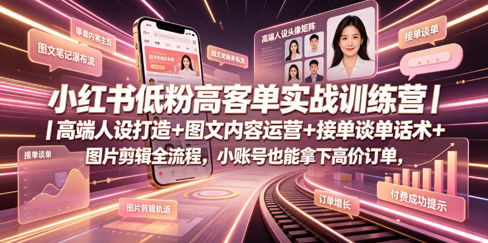 小红书低粉高客单实战训练营｜高端人设打造+图文内容运营+接单谈单话术+图片剪辑全流程，小账号也能拿下高价订单-巅峰研习社
