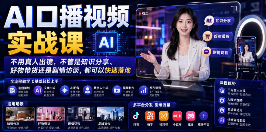 AI口播视频实战课，不用真人出镜，不管是知识分享、好物带货还是剧情访谈，都可以快速落地-巅峰研习社