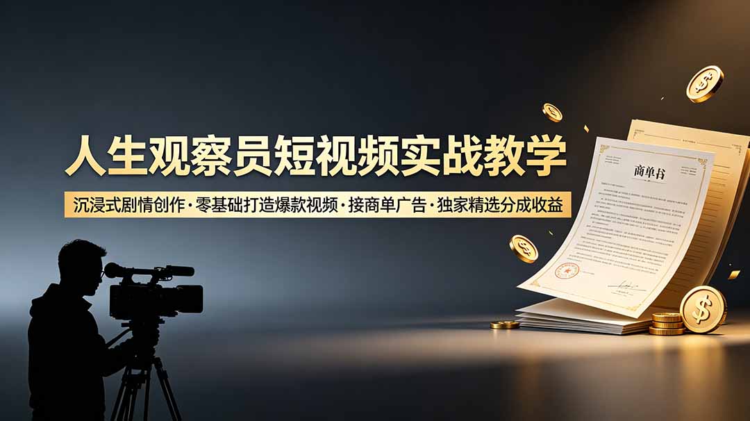 人生观察员短视频实战教学，沉浸式剧情创作，零基础打造爆款视频，接商单广告，独家精选分成收益-巅峰研习社