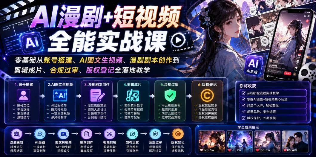 AI漫剧+短视频全能实战课｜零基础从账号搭建、AI图文生视频、漫剧剧本创作到剪辑成片、合规过审、版权登记全落地教学-巅峰研习社