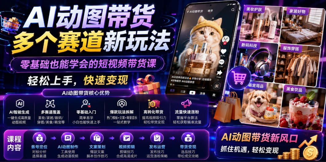 AI动图带货多个赛道新玩法，零基础也能学会的短视频带货课，轻松上手，快速变现-巅峰研习社