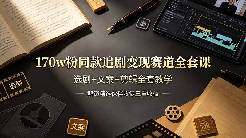 170w粉博主同款追剧变现赛道全套课，选剧+文案+剪辑全套教学，解锁精选伙伴收徒三重收益-巅峰研习社