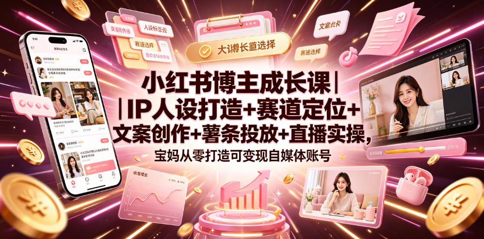 小红书博主成长课｜IP人设打造+赛道定位+文案创作+薯条投放+直播实操，宝妈从零打造可变现自媒体账号-巅峰研习社