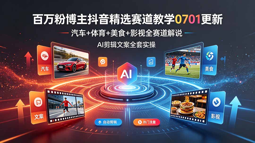 百万粉博主抖音精选赛道教学-0701更新，汽车+体育+美食+影视全赛道解说，AI剪辑文案全套实操-巅峰研习社