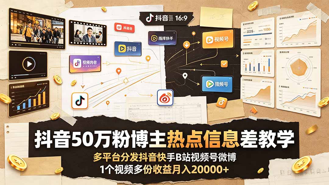 抖音50万粉博主热点信息差教学：多平台分发抖音快手B站视频号微博，1个视频多份收益月入20000+-巅峰研习社