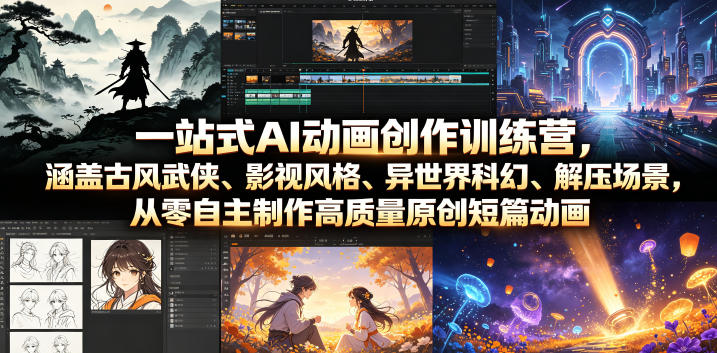 一站式AI动画创作训练营，涵盖古风武侠、影视风格、异世界科幻、解压场景，从零自主制作高质量原创短篇动画-巅峰研习社