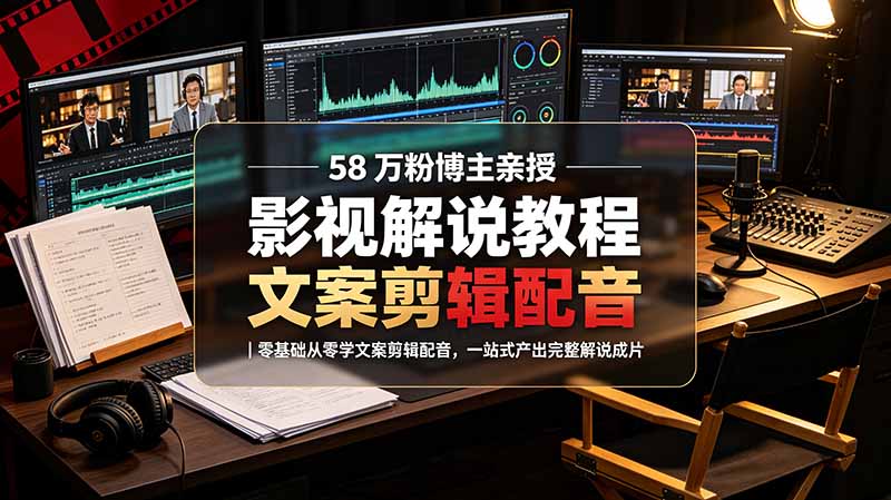 58 万粉博主荧幕春秋亲授影视解说教程｜零基础从零学文案剪辑配音，一站式产出完整解说成片-巅峰研习社