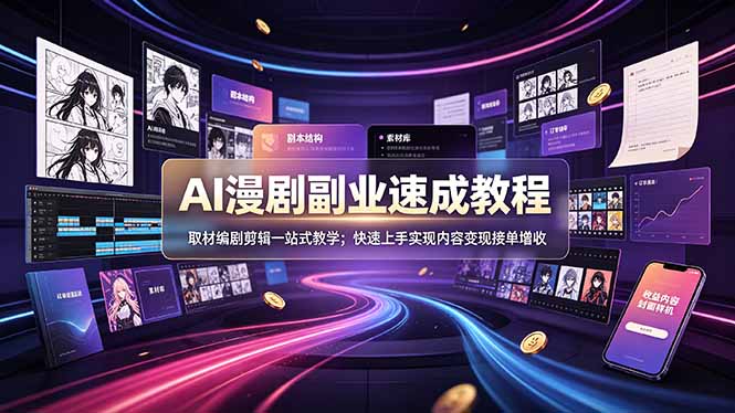 AI漫剧副业速成教程，取材编剧剪辑一站式教学；快速上手实现内容变现接单增收-巅峰研习社