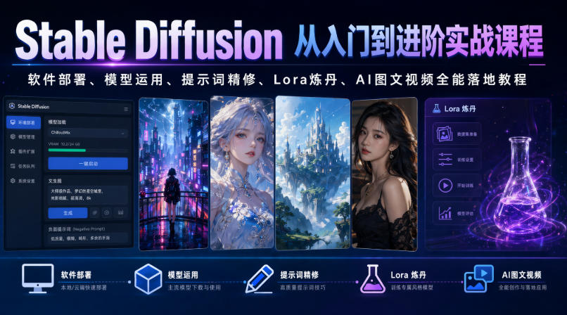 Stable Diffusion从入门到进阶实战课程｜软件部署、模型运用、提示词精修、Lora炼丹、AI图文视频全能落地教程-巅峰研习社