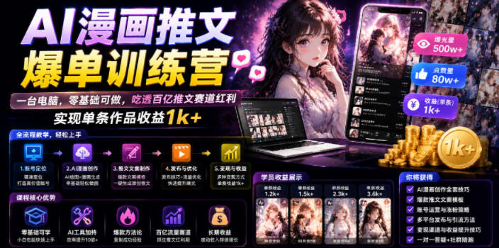 AI漫画推文爆单训练营，一台电脑，零基础可做，吃透百亿推文赛道红利，实现单条作品收益1k+-巅峰研习社