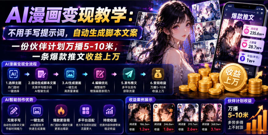 AI漫画变现教学：不用手写提示词，自动生成脚本文案，一份伙伴计划万播5-10米，一条爆款推文收益上W-巅峰研习社