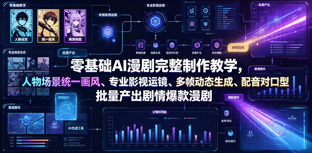 零基础AI漫剧完整制作教学，人物场景统一画风、专业影视运镜、多帧动态生成、配音对口型，批量产出剧情爆款漫剧-巅峰研习社