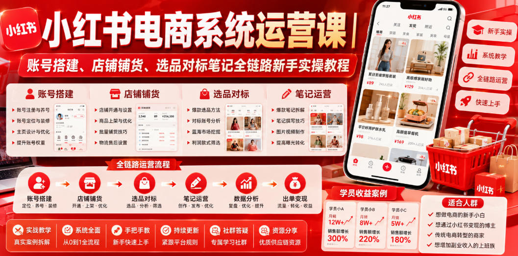 小红书电商系统运营课|账号搭建、店铺铺货、选品对标笔记全链路新手实操教程-巅峰研习社