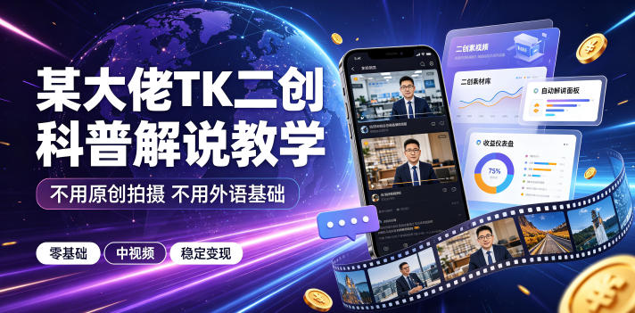 某大佬TK二创科普解说教学，不用原创拍摄不用外语基础，零基础做TikTok中视频稳定变现-巅峰研习社