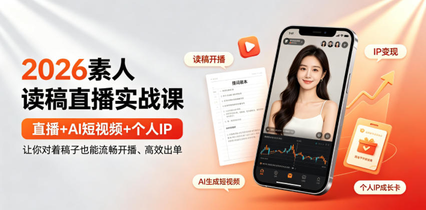 2026素人读稿直播实战课｜直播+AI短视频+个人IP，让你对着稿子也能流畅开播、高效出单-巅峰研习社