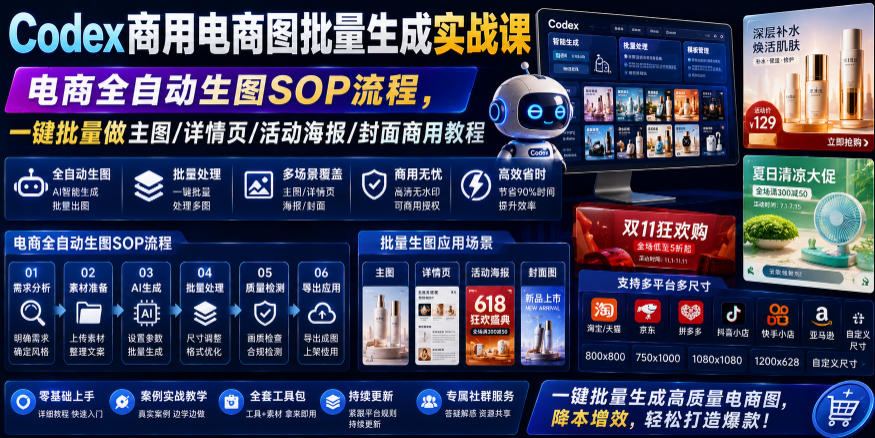 Codex商用电商图批量生成实战课｜电商全自动生图SOP流程，一键批量做主图/详情页/活动海报/封面商用教程-巅峰研习社