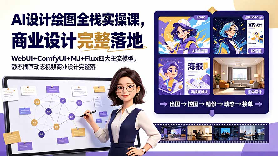 AI设计绘图全栈实操课，WebUI+ComfyUI+MJ+Flux四大主流模型，静态插画动态视频商业设计完整落地教程-巅峰研习社