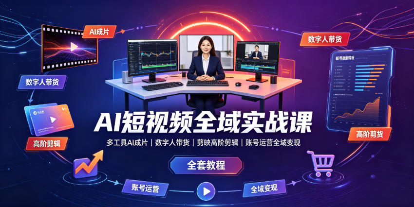 AI短视频全域实战课｜多工具AI成片、数字人带货、剪映高阶剪辑、账号运营全域变现全套教程-巅峰研习社