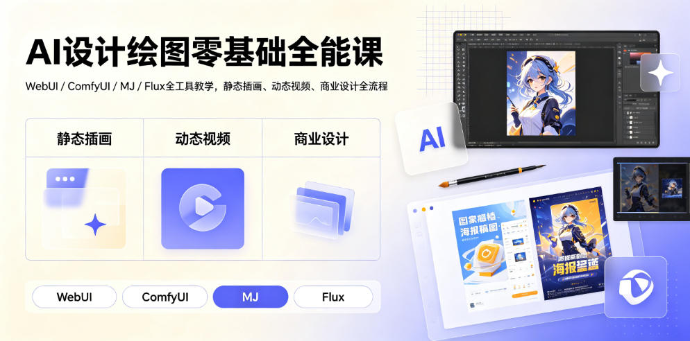AI设计绘图零基础全能课｜WebUI/ComfyUI/MJ/Flux全工具教学，静态插画、动态视频、商业设计全流程-巅峰研习社