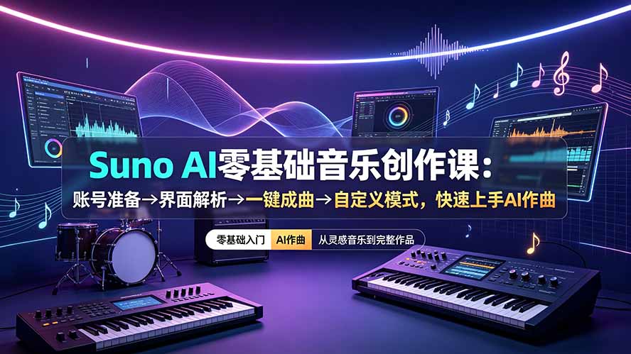 Suno AI零基础音乐创作课：账号准备→界面解析→一键成曲→自定义模式，快速上手AI作曲-巅峰研习社