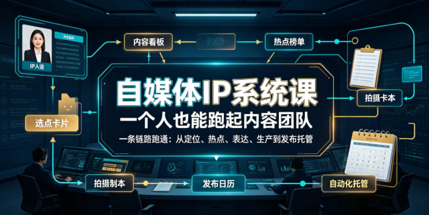 自媒体IP系统课，一个人也能跑起内容团队，一条链路跑通，从定位、热点、表达、生产到发布托管-巅峰研习社