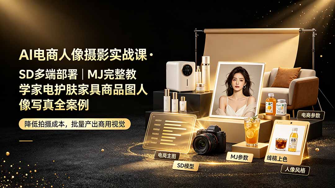 AI电商人像摄影实战课·SD多端部署｜MJ完整教学｜家电护肤家具商品图人像写真全案例-巅峰研习社
