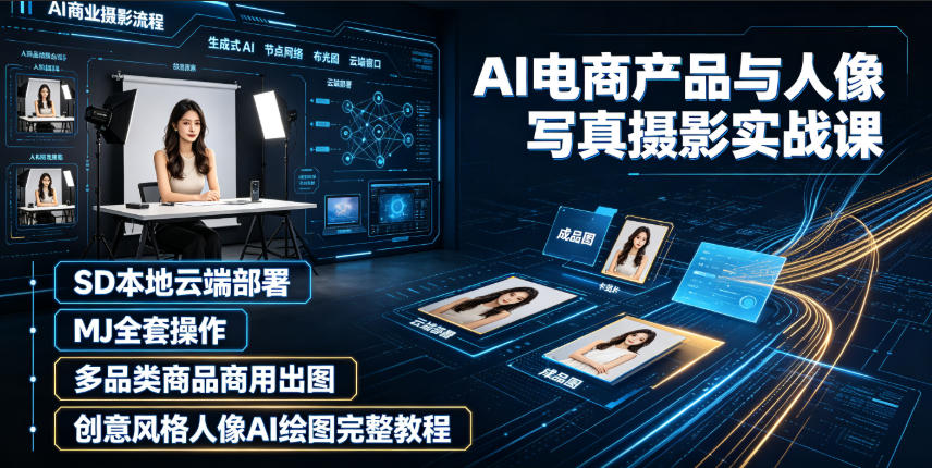 AI电商产品与人像写真摄影实战课|SD本地云端部署、MJ全套操作、多品类商品商用出图、创意风格人像AI绘图完整教程-巅峰研习社