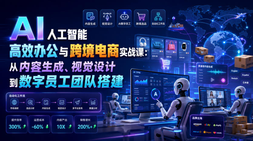 AI人工智能高效办公与跨境电商实战课：从内容生成、视觉设计到数字员工团队搭建-巅峰研习社