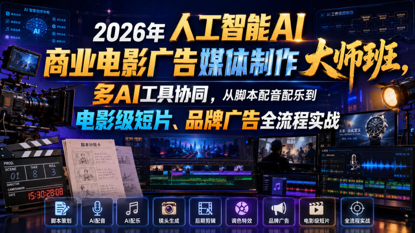 2026年人工智能AI商业电影广告媒体制作大师班,多AI工具协同,从脚本配音配乐到电影级短片、品牌广告全流程实战(中英字幕)-巅峰研习社