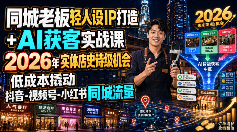 同城老板轻人设IP打造+AI获客实战课，2026年实体店史诗级机会，低成本撬动抖音-视频号-小红书同城流量-巅峰研习社