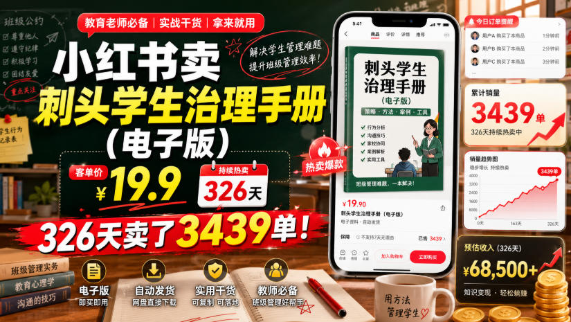 小红书卖刺头学生治理手册(电子版),客单价19.9,326天卖了3439单!-巅峰研习社