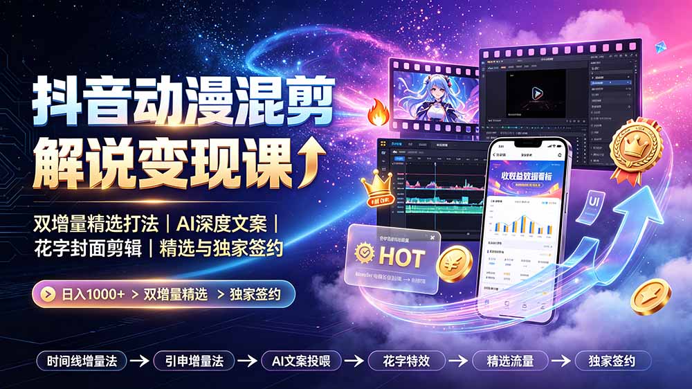 抖音动漫混剪解说变现课：双增量精选打法｜AI深度文案｜花字封面剪辑｜ 精选与独家签约日入1000+-巅峰研习社
