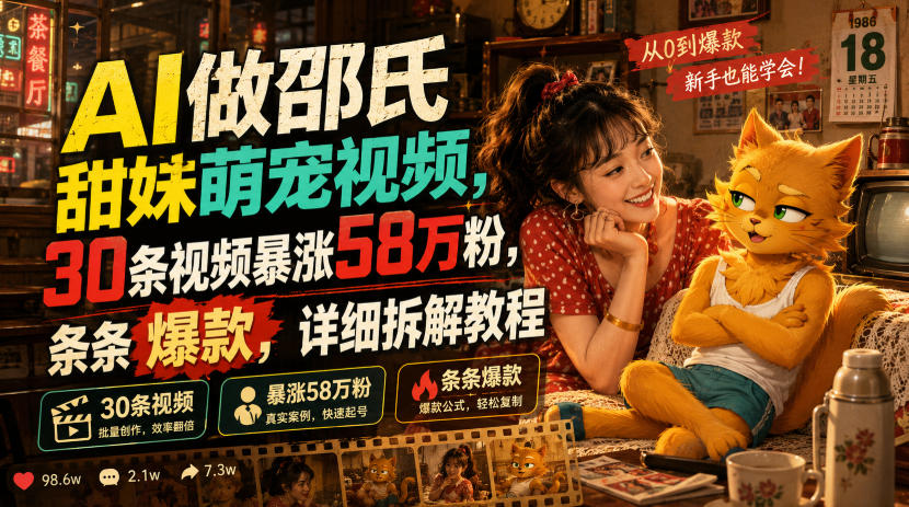 AI做邵氏甜妹萌宠视频,30条视频暴涨58万粉,条条爆款,详细拆解教程-巅峰研习社