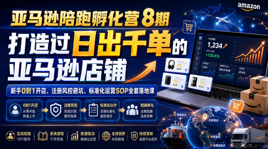 亚马逊陪跑孵化营8期，打造过日出千单的亚马逊店铺，新手0到1开店、注册风控避坑、标准化运营SOP全套落地课-巅峰研习社