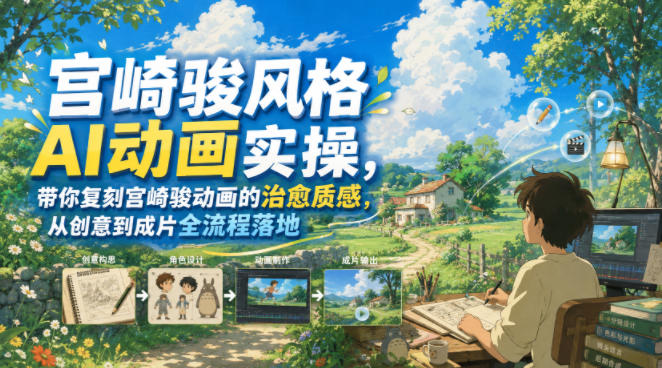 宫崎骏风格AI动画实操，带你复刻宫崎骏动画的治愈质感，从创意到成片全流程落地-巅峰研习社