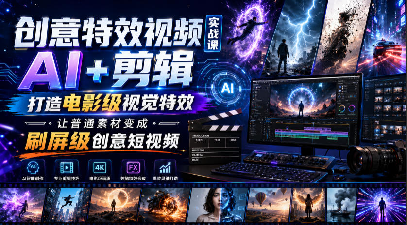 创意特效视频实战课，AI+剪辑打造电影级视觉特效，让普通素材变成刷屏级创意短视频-巅峰研习社