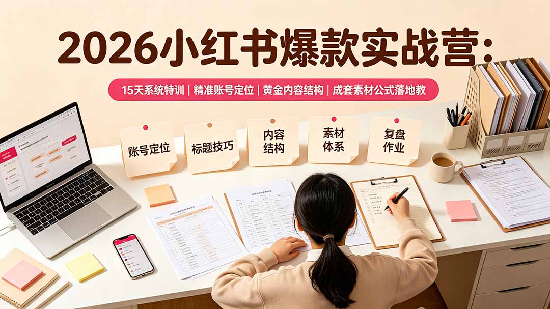 2026小红书爆款实战营:15天系统特训|精准账号定位|黄金内容结构|成套素材公式落地教程-巅峰研习社